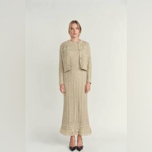 Ellie Makir Open-Knit Crewneck Sweater Cardigan in Beige